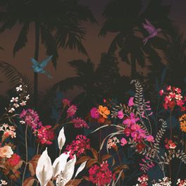 Панно "Tropical Meadow"/ Тропический луг арт.ETD2 010 с обилием цветов, деревьев и птиц, обои для спальни.  Каталог обоев Etude, фабрика Loymina, купить в Москве